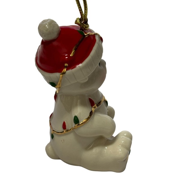 Lenox Tangled in Christmas lights Teddy Bear Red Hat Porcelain Ornament 3.5"H - Picture 4 of 12